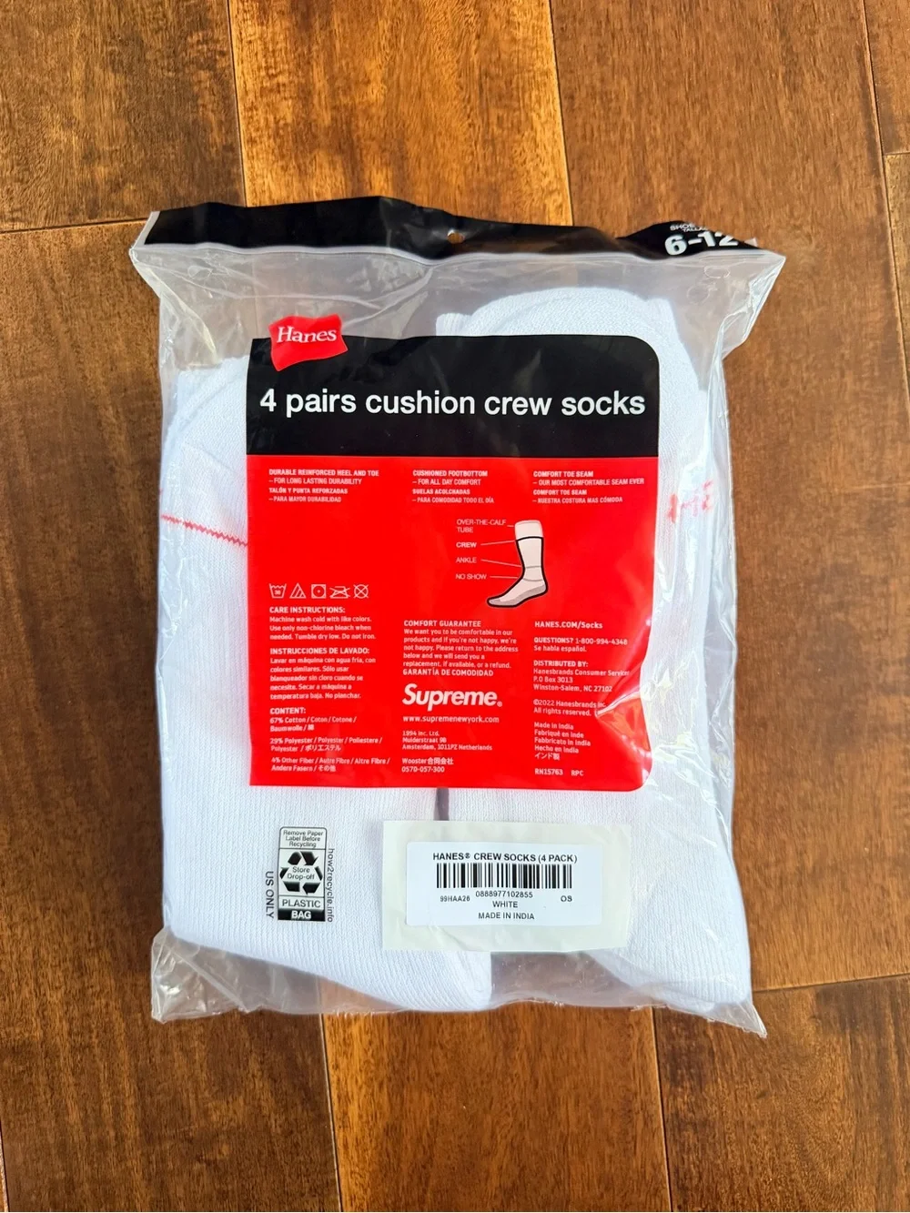 Supreme White Crew Socks with Red Logo - 4 Pack